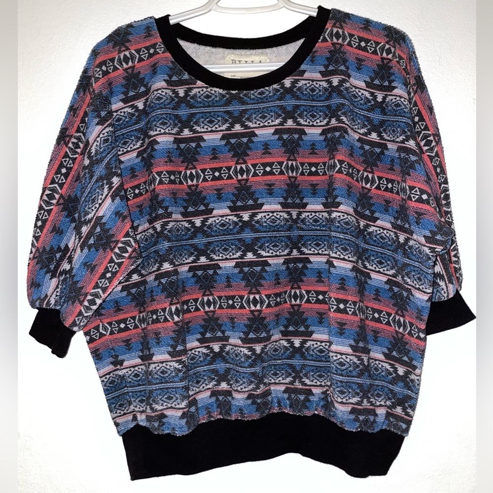 Billabong Blue Aztec Western Batwing 3/4 Sleeve Sweatshirt Top